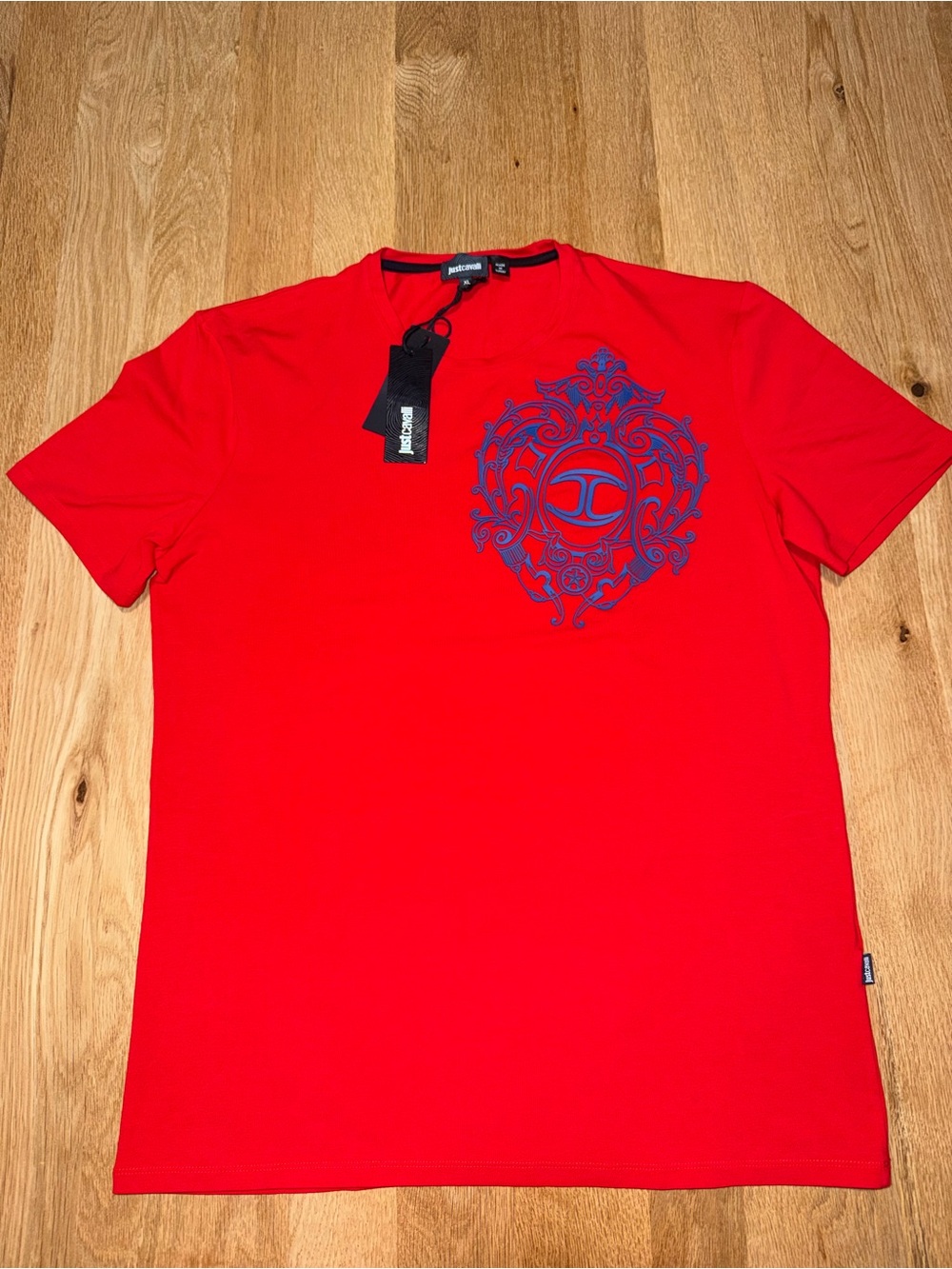 Just Cavalli Red Tee with Blue Ornate Chest Emblem
